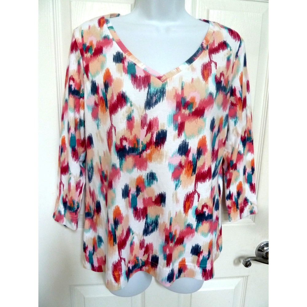 CHICO'S SZ 1=8/10 Med. Popover V-Neck Tee Colorful 3/4 Sleeve Artsy Pima Cotton